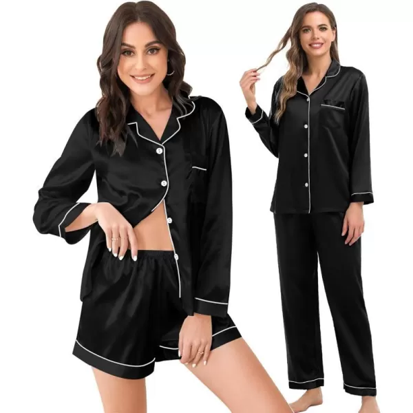 SWOMOG Womens 3pcs Pajamas Set Silk Satin Long Sleeve Sleepwear Button Down Loungewear Pjs NightwearBlack