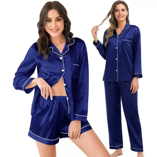 SWOMOG Womens 3pcs Pajamas Set Silk Satin Long Sleeve Sleepwear Button Down Loungewear Pjs NightwearNavy Blue