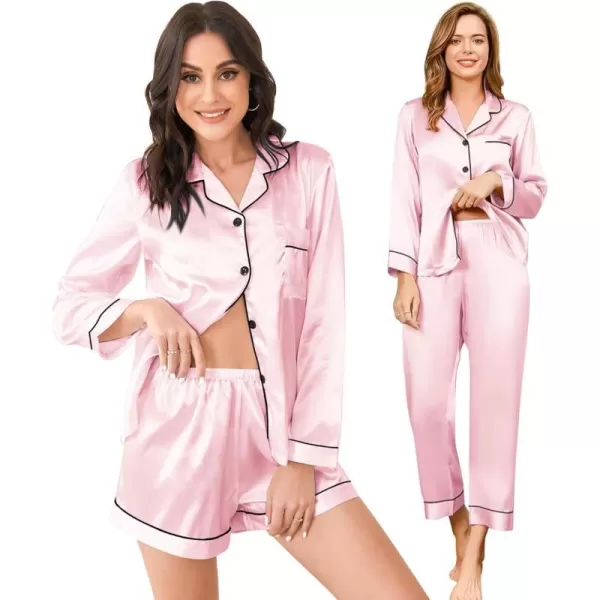 SWOMOG Womens 3pcs Pajamas Set Silk Satin Long Sleeve Sleepwear Button Down Loungewear Pjs NightwearPink