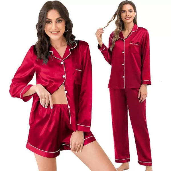 SWOMOG Womens 3pcs Pajamas Set Silk Satin Long Sleeve Sleepwear Button Down Loungewear Pjs NightwearRed