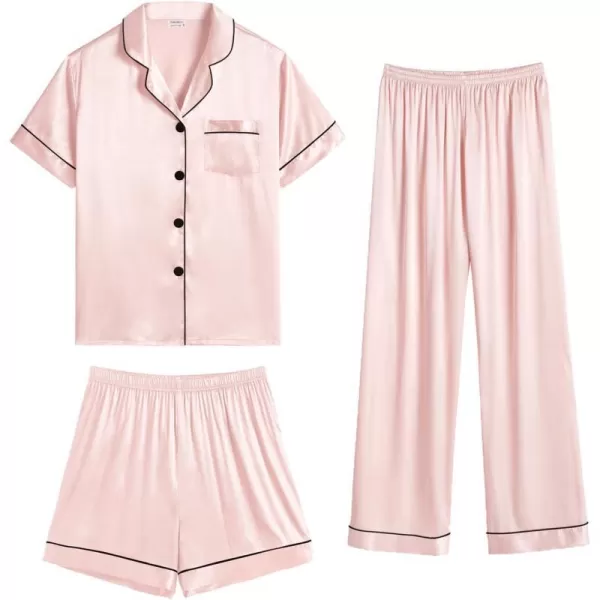 SWOMOG Womens 3pcs Pajamas Set Silk Satin Short Sleeve Sleepwear Button Down Loungewear Pjs NightwearBlush Pink