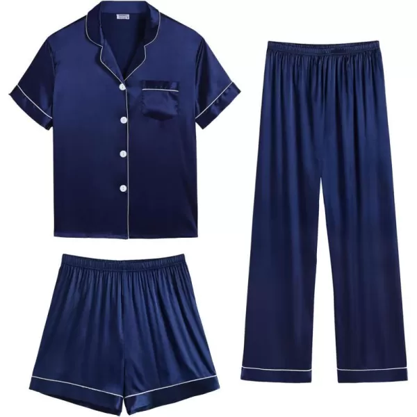 SWOMOG Womens 3pcs Pajamas Set Silk Satin Short Sleeve Sleepwear Button Down Loungewear Pjs NightwearNavy Blue