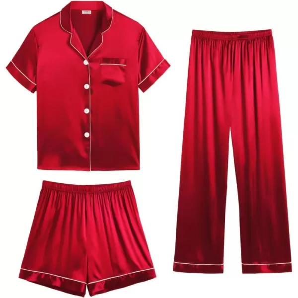 SWOMOG Womens 3pcs Pajamas Set Silk Satin Short Sleeve Sleepwear Button Down Loungewear Pjs NightwearRed