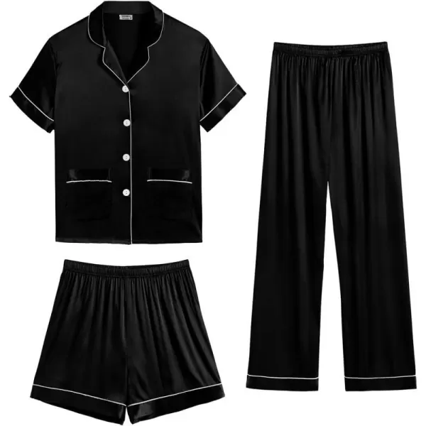 SWOMOG Womens 3pcs Silk Pajama Set Satin Short Sleeve Sleepwear With 2 Pockets Button Down Pjs LoungewearBlack