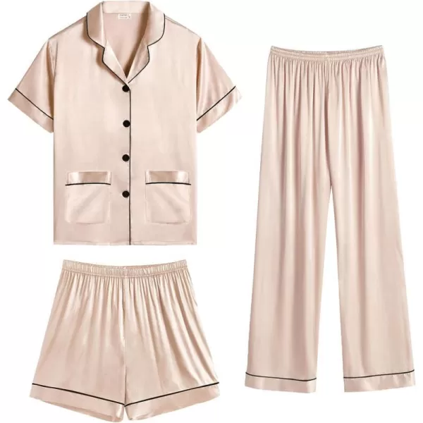 SWOMOG Womens 3pcs Silk Pajama Set Satin Short Sleeve Sleepwear With 2 Pockets Button Down Pjs LoungewearChampagne