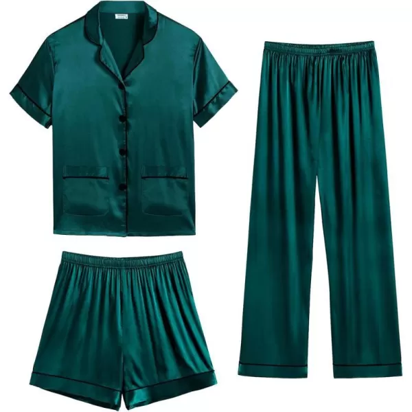 SWOMOG Womens 3pcs Silk Pajama Set Satin Short Sleeve Sleepwear With 2 Pockets Button Down Pjs LoungewearDeep Green