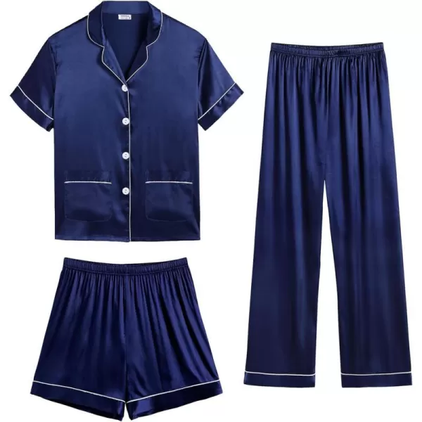 SWOMOG Womens 3pcs Silk Pajama Set Satin Short Sleeve Sleepwear With 2 Pockets Button Down Pjs LoungewearNavy Blue