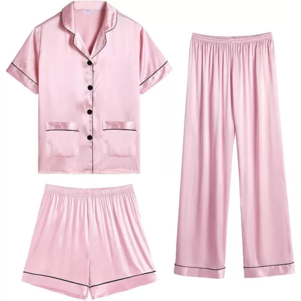 SWOMOG Womens 3pcs Silk Pajama Set Satin Short Sleeve Sleepwear With 2 Pockets Button Down Pjs LoungewearPink