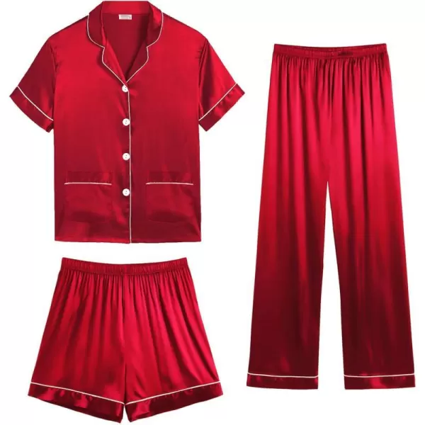 SWOMOG Womens 3pcs Silk Pajama Set Satin Short Sleeve Sleepwear With 2 Pockets Button Down Pjs LoungewearRed