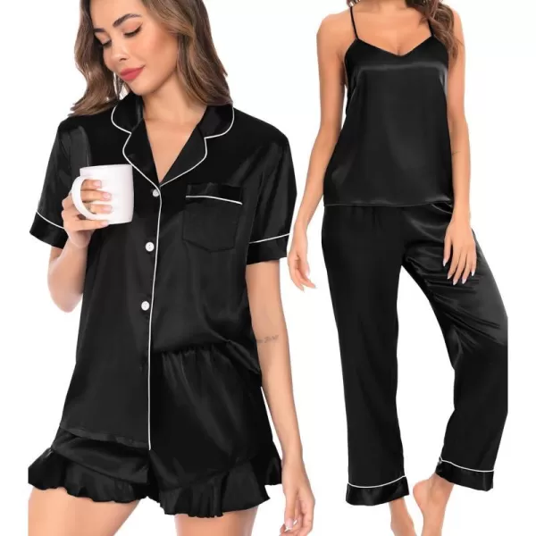 SWOMOG Womens 4 Piece Pajamas Satin Silk Shirts Cami Tops With Ruffle Shorts Long Pj Pants Soft Sleepwear Summer LoungewearBlack