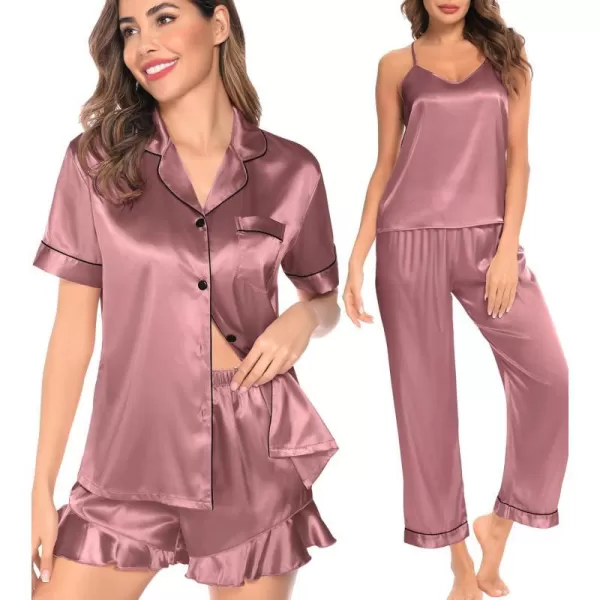 SWOMOG Womens 4 Piece Pajamas Satin Silk Shirts Cami Tops With Ruffle Shorts Long Pj Pants Soft Sleepwear Summer LoungewearMisty Rose