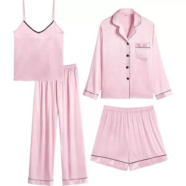 SWOMOG Womens 4pcs Pajama Set Silk Satin Sleepwear Button Down Long Sleeve Loungewear Sexy Cami Pjs NightwearPink