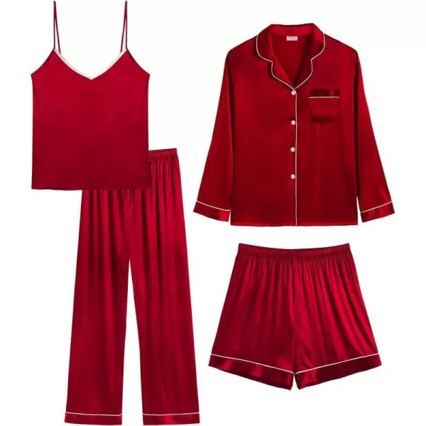 SWOMOG Womens 4pcs Pajama Set Silk Satin Sleepwear Button Down Long Sleeve Loungewear Sexy Cami Pjs NightwearRed