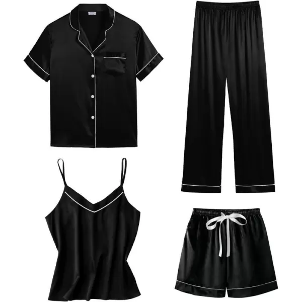 SWOMOG Womens 4pcs Pajamas Sets Short Sleeve Camisole with Button Down Shirt Pjs Silk Satin Sleepwear LoungewearBlack