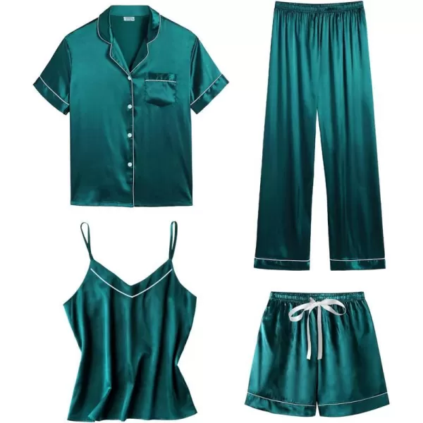 SWOMOG Womens 4pcs Pajamas Sets Short Sleeve Camisole with Button Down Shirt Pjs Silk Satin Sleepwear LoungewearGreen