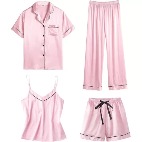 SWOMOG Womens 4pcs Pajamas Sets Short Sleeve Camisole with Button Down Shirt Pjs Silk Satin Sleepwear LoungewearPink