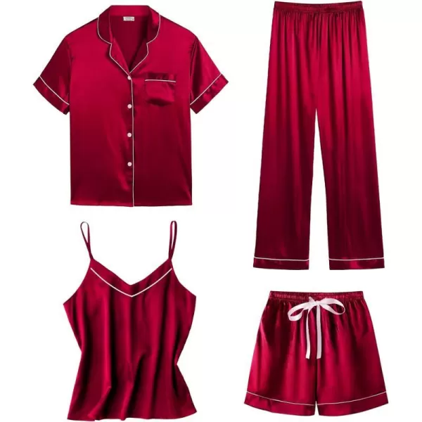 SWOMOG Womens 4pcs Pajamas Sets Short Sleeve Camisole with Button Down Shirt Pjs Silk Satin Sleepwear LoungewearRed