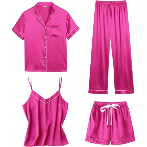 SWOMOG Womens 4pcs Pajamas Sets Short Sleeve Camisole with Button Down Shirt Pjs Silk Satin Sleepwear LoungewearRose Red