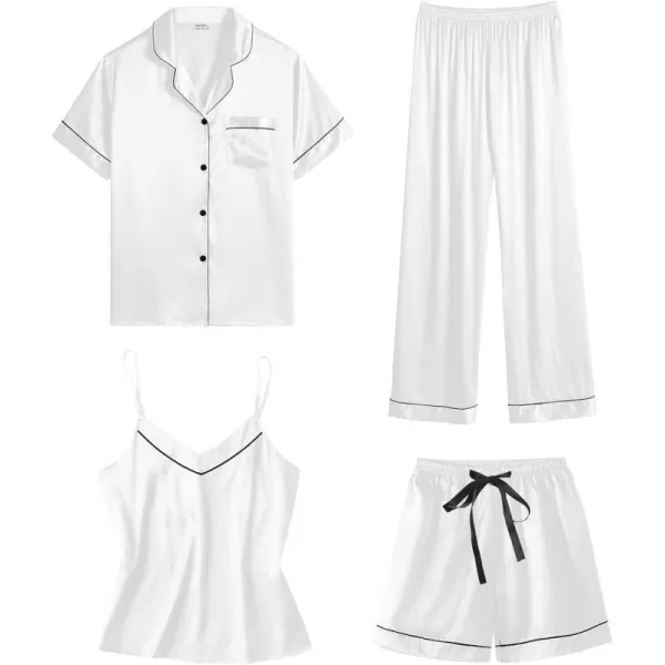 SWOMOG Womens 4pcs Pajamas Sets Short Sleeve Camisole with Button Down Shirt Pjs Silk Satin Sleepwear LoungewearWhite