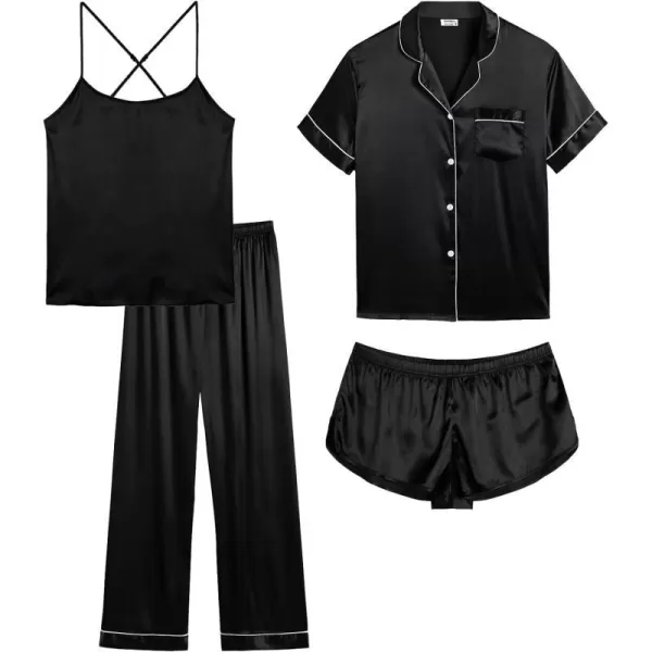 SWOMOG Womens 4pcs Pajamas Sets Silk Satin Pjs Set Cami With Button Down Short Sleeve Shirt Pants LoungewearBlack