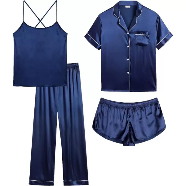 SWOMOG Womens 4pcs Pajamas Sets Silk Satin Pjs Set Cami With Button Down Short Sleeve Shirt Pants LoungewearNavy Blue