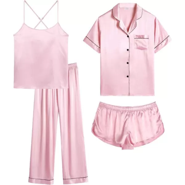 SWOMOG Womens 4pcs Pajamas Sets Silk Satin Pjs Set Cami With Button Down Short Sleeve Shirt Pants LoungewearPink