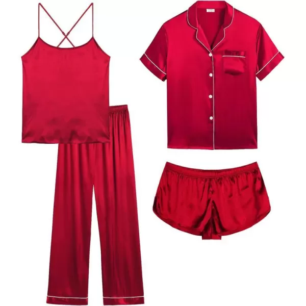 SWOMOG Womens 4pcs Pajamas Sets Silk Satin Pjs Set Cami With Button Down Short Sleeve Shirt Pants LoungewearRed