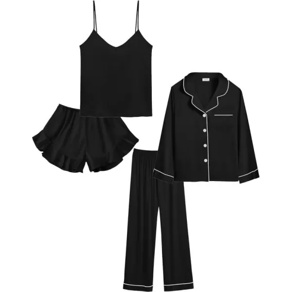 SWOMOG Womens 4pcs Pajamas Sets Silk Satin Pjs Set Ruffle Shorts  Cami  Pants  Long Sleeve Tops Loungewear SetBlack