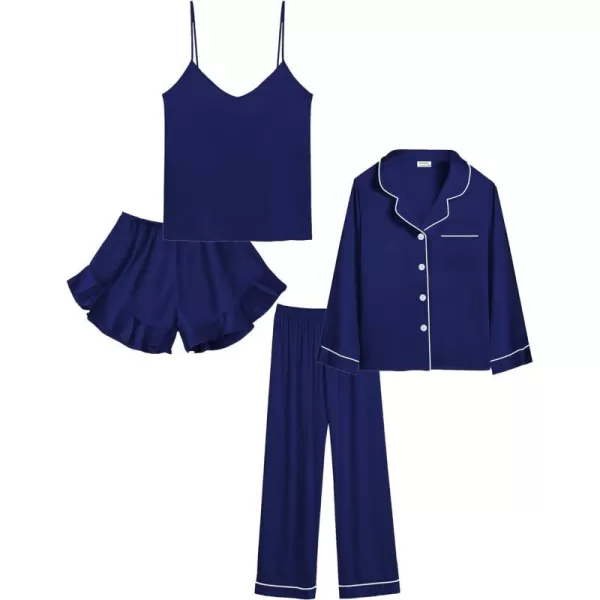 SWOMOG Womens 4pcs Pajamas Sets Silk Satin Pjs Set Ruffle Shorts  Cami  Pants  Long Sleeve Tops Loungewear SetNavy Blue