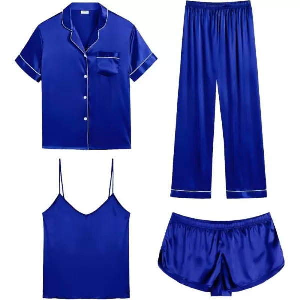 SWOMOG Womens 4pcs Pajamas Sets Silk Satin Sleepwear Sexy Cami with Button Down Short Sleeve Shirt Pjs LoungewearAblue