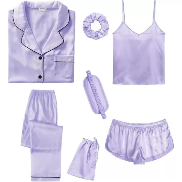 SWOMOG Womens 7pcs Silk Satin Pajamas Sets Short Sleeve Button Down Shirt Camisole Shorts Pjs Set with Eye MaskLavender