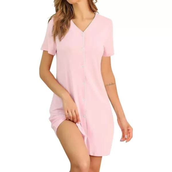 SWOMOG Womens Button Down Nightgown Short Sleeve Nightshirt VNeck Sleepwear Boyfriend Sleepshirt Pajama DressBpink