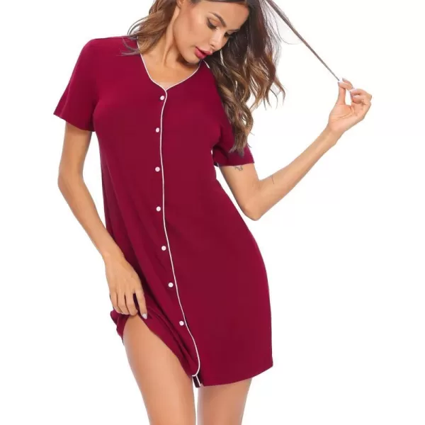 SWOMOG Womens Button Down Nightgown Short Sleeve Nightshirt VNeck Sleepwear Boyfriend Sleepshirt Pajama DressBwine Red