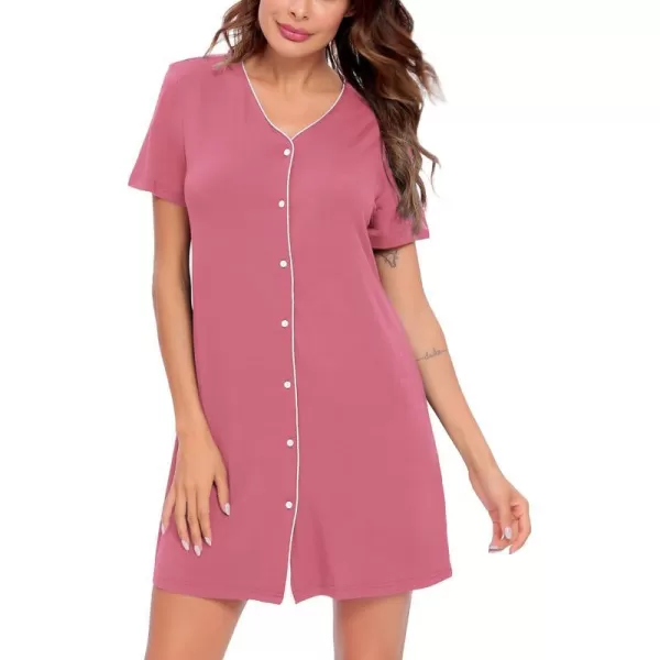 SWOMOG Womens Button Down Nightgown Short Sleeve Nightshirt VNeck Sleepwear Boyfriend Sleepshirt Pajama DressCoral Color