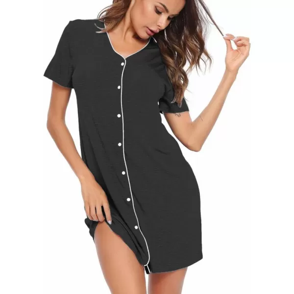 SWOMOG Womens Button Down Nightgown Short Sleeve Nightshirt VNeck Sleepwear Boyfriend Sleepshirt Pajama DressDark Grey