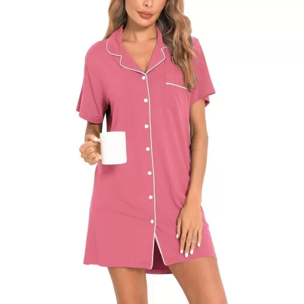 SWOMOG Womens Button Down Nightgown Short Sleeve Nightshirt VNeck Sleepwear Boyfriend Sleepshirt Pajama DressMcollarcoral