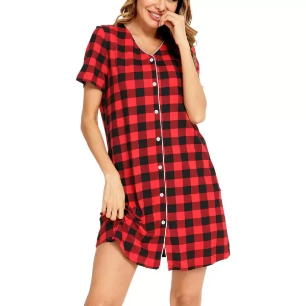 SWOMOG Womens Button Down Nightgown Short Sleeve Nightshirt VNeck Sleepwear Boyfriend Sleepshirt Pajama DressRblack Red Plaid