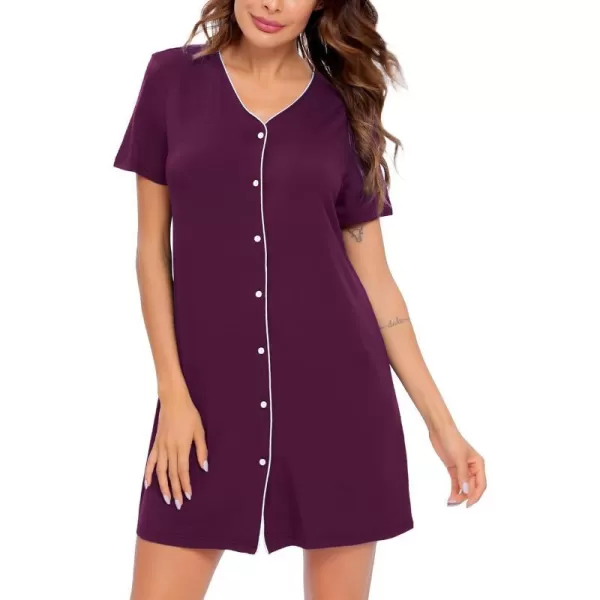 SWOMOG Womens Button Down Nightgown Short Sleeve Nightshirt VNeck Sleepwear Boyfriend Sleepshirt Pajama DressWineberry