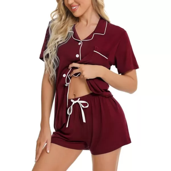 SWOMOG Womens Button Down Pajamas Set Short Sleeve Sleepwear Bride Soft Pj Lounge Sets SXXLWine Red