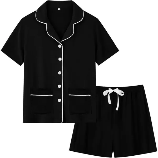 SWOMOG Womens Button Down Pajamas Set with 2 Pockets Short Sleeve Sleepwear Pjs Shorts Set Soft LoungewearBlack