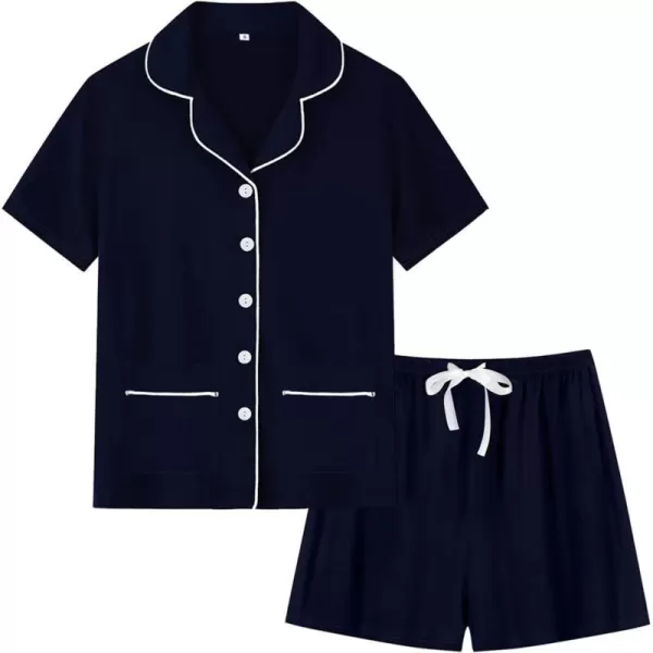 SWOMOG Womens Button Down Pajamas Set with 2 Pockets Short Sleeve Sleepwear Pjs Shorts Set Soft LoungewearNavy Blue