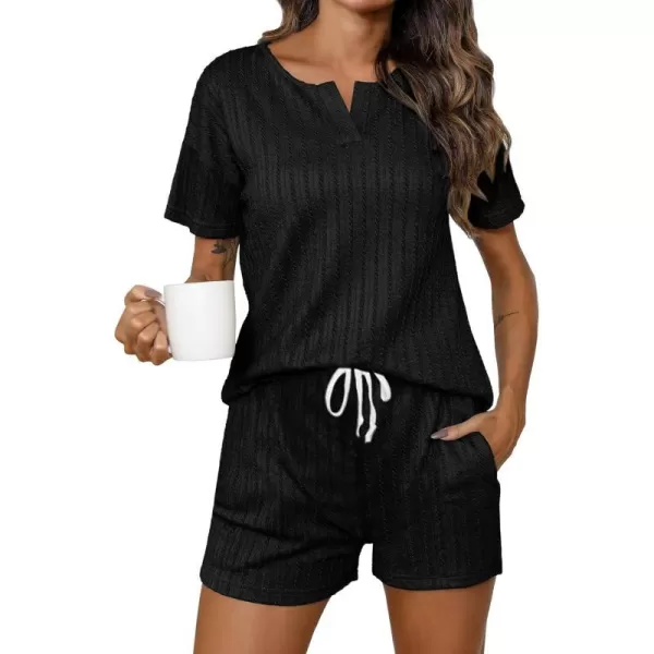 SWOMOG Womens Lounge Sets 2 Piece Ribbed Knit Pajama Set Short Sleeve Top amp Shorts Sweatsuit with PocketsBlack