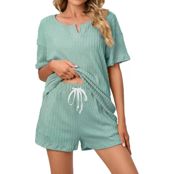 SWOMOG Womens Lounge Sets 2 Piece Ribbed Knit Pajama Set Short Sleeve Top amp Shorts Sweatsuit with PocketsGreen