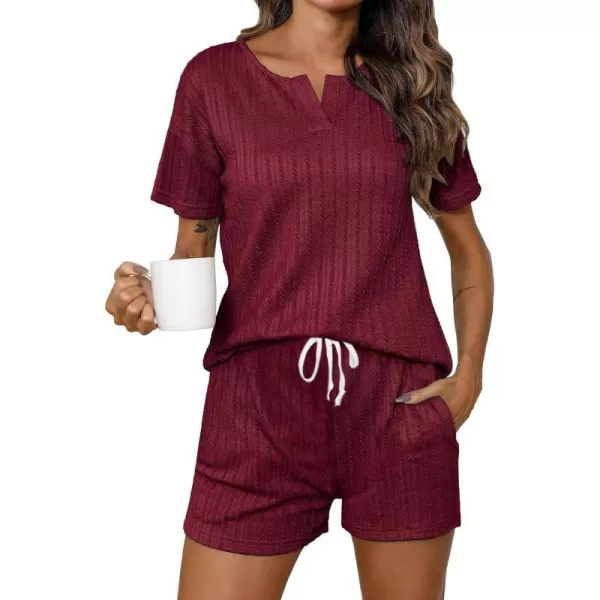 SWOMOG Womens Lounge Sets 2 Piece Ribbed Knit Pajama Set Short Sleeve Top amp Shorts Sweatsuit with PocketsWine Red