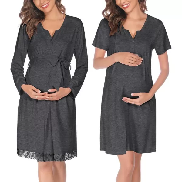 SWOMOG Womens Maternity Nursing Gown and Robe Set 3 in 1 Labor Delivery Nightgown Hospital Bathrobe for BreastfeedingBdeep Grey