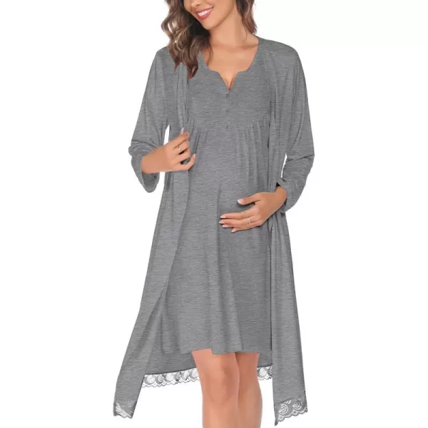 SWOMOG Womens Maternity Nursing Gown and Robe Set 3 in 1 Labor Delivery Nightgown Hospital Bathrobe for BreastfeedingBgrey