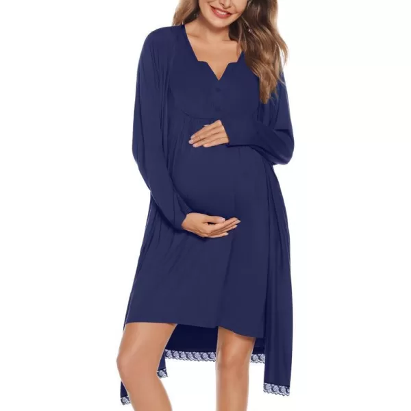 SWOMOG Womens Maternity Nursing Gown and Robe Set 3 in 1 Labor Delivery Nightgown Hospital Bathrobe for BreastfeedingBnavy Blue