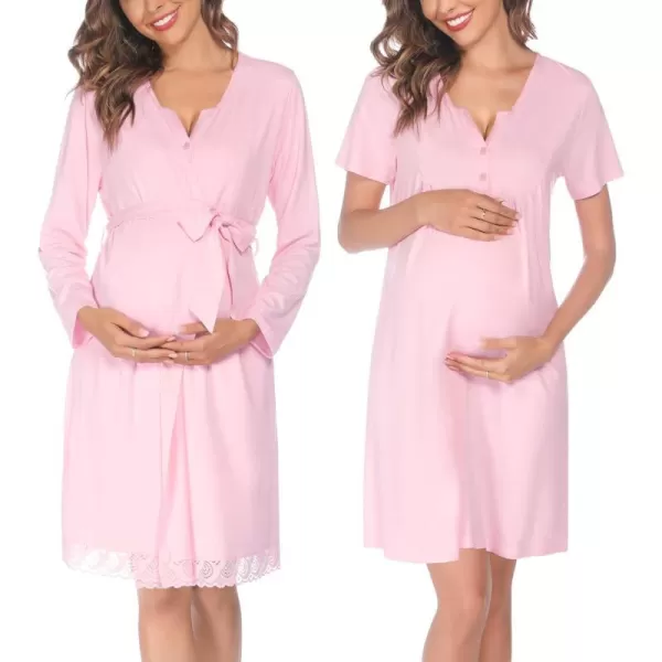 SWOMOG Womens Maternity Nursing Gown and Robe Set 3 in 1 Labor Delivery Nightgown Hospital Bathrobe for BreastfeedingBpink