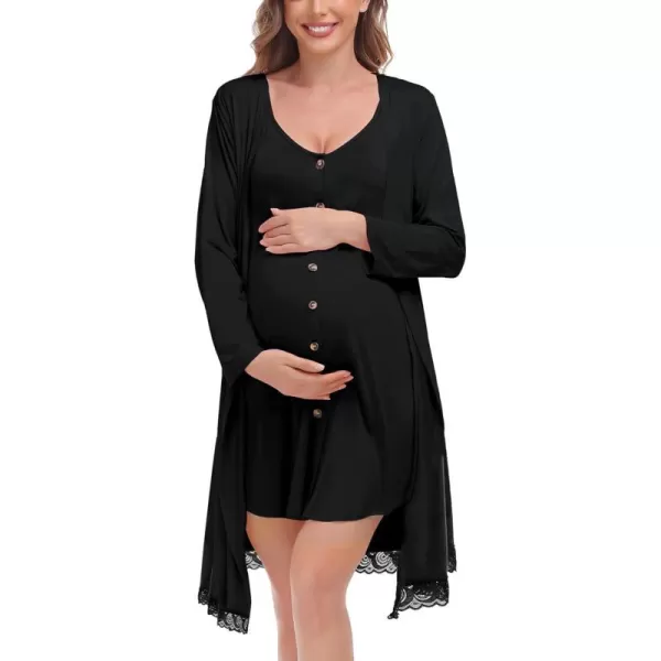 SWOMOG Womens Maternity Nursing Nightgown and Lace Robe Set 3 in 1 Labor Delivery Button Down Nursing Dress 2 Piece SleepwearBlack