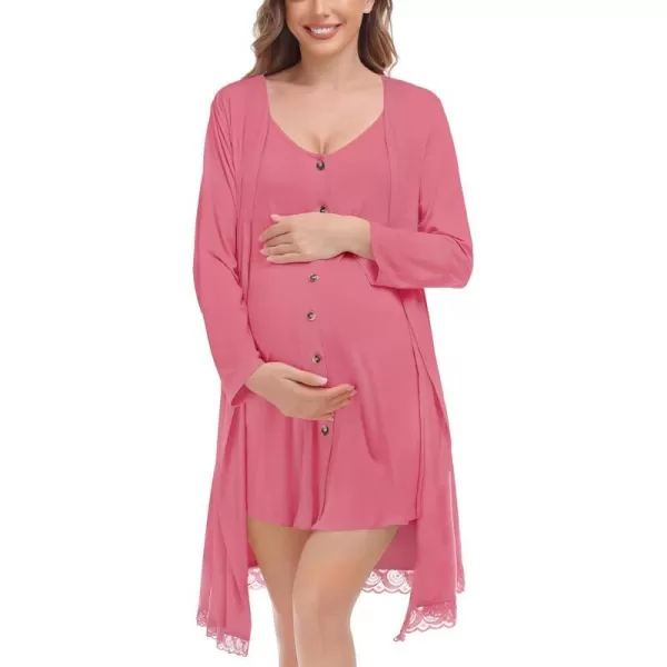 SWOMOG Womens Maternity Nursing Nightgown and Lace Robe Set 3 in 1 Labor Delivery Button Down Nursing Dress 2 Piece SleepwearCoral